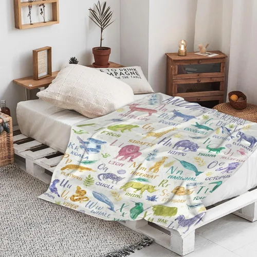 Miniatura 8 de Manta de franela con diseño del alfabeto de animales, súper suave, ligera, para niños, adultos, adecuada para sofá, cama, campamento, viajes, todas