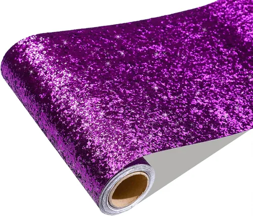 CRE8TIVE Papel tapiz con purpurina gruesa de 8 x 80 pulgadas, para pegar y pelar, borde de papel tapiz morado texturizado extraíble, lentejuelas