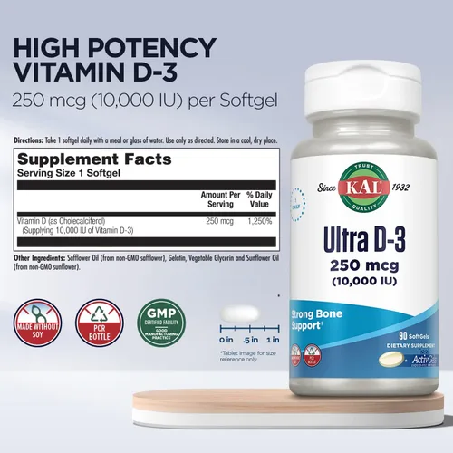 Miniatura 3 de KAL Ultra Vitamina D3 10000 UI (250 mcg) - Cápsulas blandas de vitamina D de alta potencia para mujeres y hombres - Huesos fuertes y suplemento
