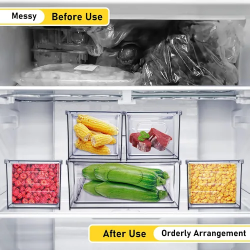 Miniatura 7 de Paquete de 4 contenedores organizadores de refrigerador con cajón extraíble, apilables, transparentes, organizadores de cajones de refrigerador