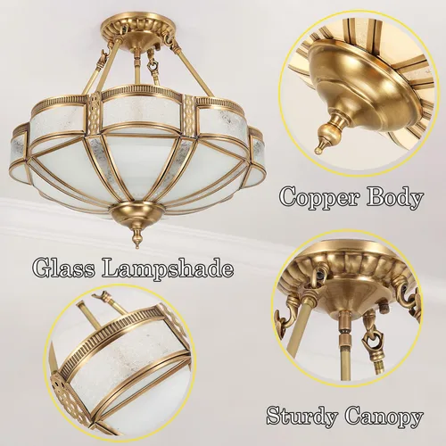 Miniatura 8 de Lámpara de techo de latón de 4 luces semiempotrada, candelabro dorado para comedor, lámpara de techo de vidrio esmerilado, luz empotrada moderna