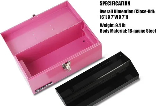 Miniatura 3 de Caja de herramientas portátil de acero resistente de 16" calibre 18 con pestillo de metal y mango rosa