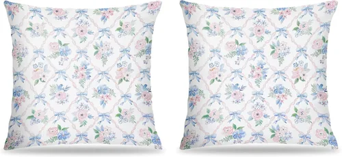 Juego de 2 fundas de almohada florales con lazo de cinta azul y rosa de 18 x 18 pulgadas, decoración de dormitorio de habitación preparada, fundas