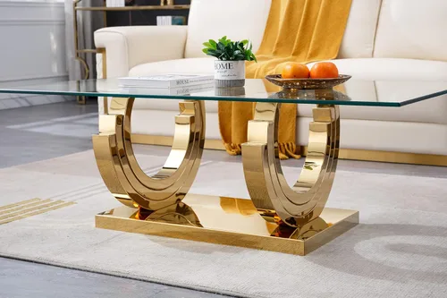 Miniatura 150 de Mesa de centro de cristal de lujo, mesa de centro de sofá de 47 pulgadas con marco de acero inoxidable dorado y parte superior de vidrio negro, mesa