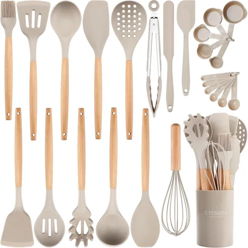 NCUE - Juego de 26 utensilios de cocina de silicona con soporte, juego de utensilios de cocina sin BPA para cocinar, espátulas de silicona