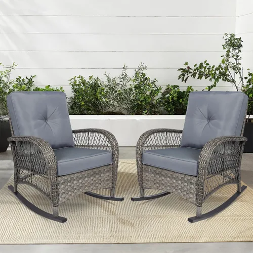 Miniatura 26 de MEETWARM Mecedora de mimbre para exteriores, sillas mecedoras de ratán para patio con cojines y respaldo alto, silla de mimbre para patio para todo