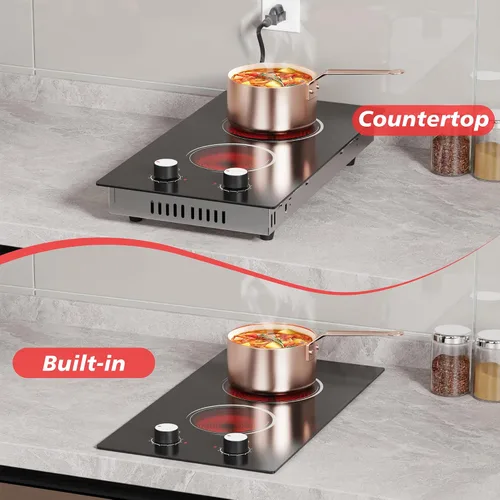 Miniatura 4 de Placa de cocina eléctrica, 2 quemadores, estufa eléctrica de 110 V 2000 W con control de perilla, encimera eléctrica radiante de 12 pulgadas e
