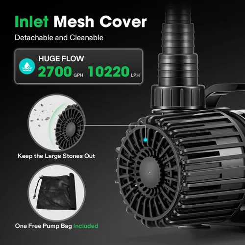 Miniatura 2 de VIVOSUN - Bomba de agua sumergible de 2700 GPH con bolsa de barrera, bomba de estanque de 120W, bomba de acuario ultra silenciosa con 15 pies