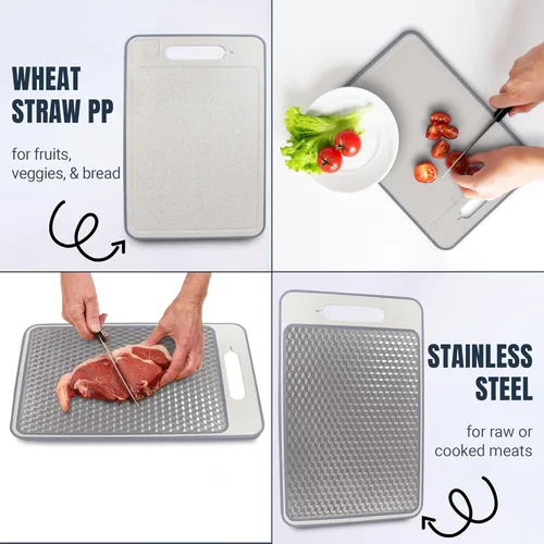 Miniatura 3 de Tabla de cortar de acero inoxidable de doble cara para cocina, acero inoxidable 304, paja de trigo, tabla de cortar PP para carne, frutas, verduras