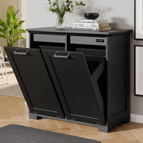 Miniatura 9 de UpWiew Armario de basura abatible con instalación rápida y función desodorizante, armario de basura de madera para comedor y cocina, color negro