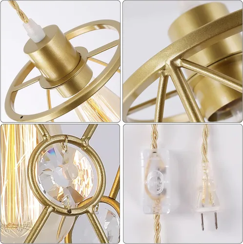 Miniatura 4 de Paquete de 2 lámparas colgantes industriales enchufables, mini jaula colgante en acabado dorado con cristal, longitud ajustable para pasillo
