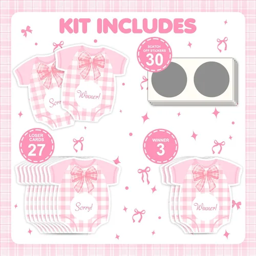 Miniatura 2 de Decoraciones de baby shower con lazo rosa, 30 piezas de lazo rosa para baby shower para niñas de juego, actividad tonta para rompehielos, premios