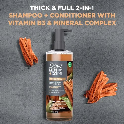 Miniatura 3 de DOVE MEN + CARE Champú 2 en 1 + acondicionador aceite de sándalo y cardamomo para cabello grueso y completo, + vitamina B3 y complejo mineral, 17.5