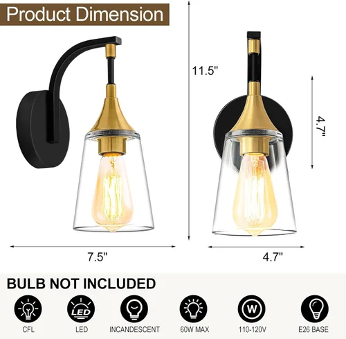 Miniatura 3 de Lámpara de pared de baño de 1 luz, lámpara de pared negra y dorada con pantalla de vidrio transparente, lámpara de pared moderna para interiores