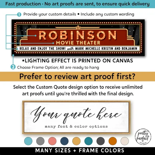 Miniatura 3 de Pretty Perfect Studio Letreros de cine personalizados para sala de cine en casa, arte de pared vintage, 10 x 20 pulgadas A. Teatro en casa familiar