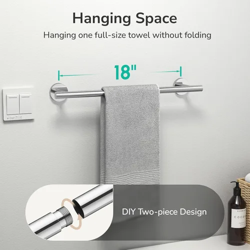 Miniatura 4 de USHOWER Barra de toalla cromada pulida, toallero de 18 pulgadas para montaje en pared de baño, varilla de toalla de acero inoxidable SUS304 Cromo
