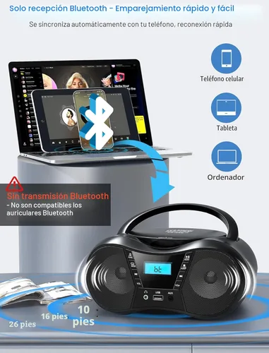 Miniatura 3 de Greadio Boombox Reproductor de CD portátil para el hogar con Bluetooth, Combo de Reproductor de CD Boom Box y Radio FM, Sonido Estéreo, Alimentado