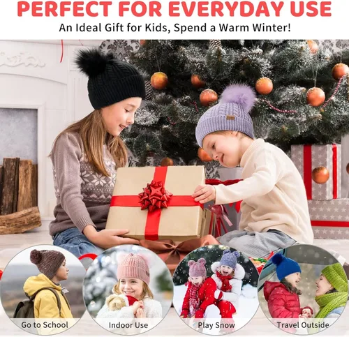 Miniatura 7 de Winter Hat for Kids Toddler Children, Girls Beanie with Double Pom Pom Warm Fleece Lined, Girls Accessories Knit Beanies Cap