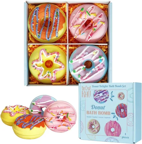 KAV Set de regalo de bombas de baño en forma de dona – Kit de 4 bombas de baño orgánicas hechas a mano con aceites esenciales – Regalo de spa de