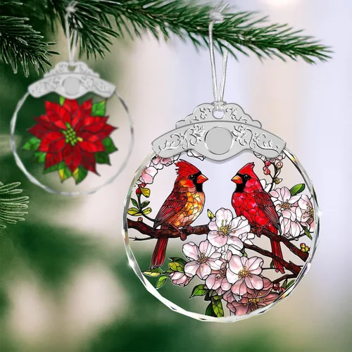 Miniatura 3 de Adornos de Navidad – Pájaros Cardenales y Flores Ornamento de Vidrio Emplomado – Decoración Navideña – Adornos para Árbol de Navidad – Regalos