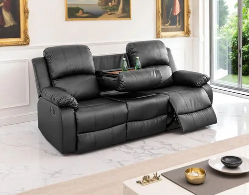 Miniatura 25 de Sofá reclinable manual moderno, sofá reclinable de cuero de 3 plazas, sofá reclinable de sala de estar, sofá con portavasos y mesa abatible