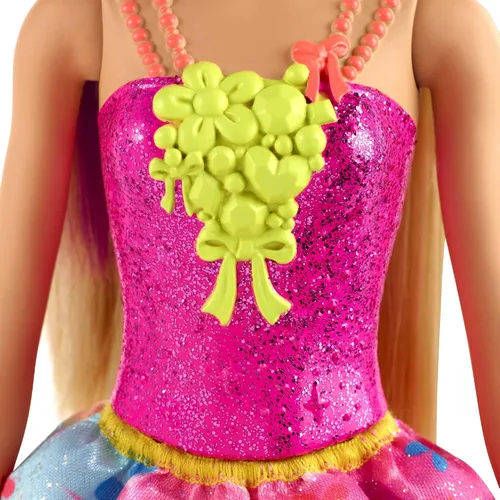 Miniatura 4 de Barbie Dreamtopia Royal Fashion Muñeca y accesorio, rubio con rayas moradas con falda rosa extraíble y diadema