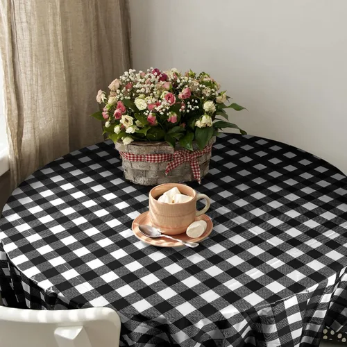Miniatura 4 de Remagr Mantel Desechable de Cuadros Redondo de Plástico Buffalo Plaid Mantel de Mesa de 84'' Cubierta de Mesa Gingham para Picnic Camping BBQ Fiesta