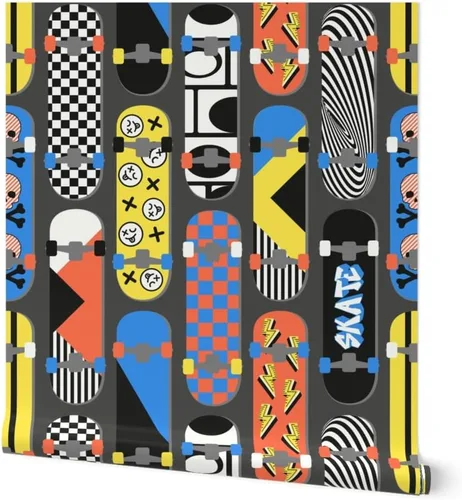 Removable Wallpaper Swatch - Retro 90S Skateboards Checkerboard Y2K Trendy Skater Teen Nostalgia Skate Park Vintage Rad Cool Custom Pre-Pasted