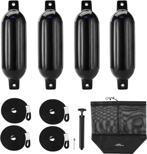 Affordura Paquete de 4 Defensas de Barco Parachoques Defensas con 4 Cuerdas, Parachoques de Barco para Defensas de Barco Pontón Inflables Negro
