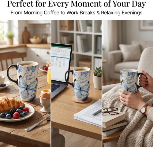 Miniatura 2 de Topadorn Taza de café de cerámica de 17 onzas con tapa y caja de regalo, taza inspiradora de mariposa de acuarela, taza de té de porcelana floral B