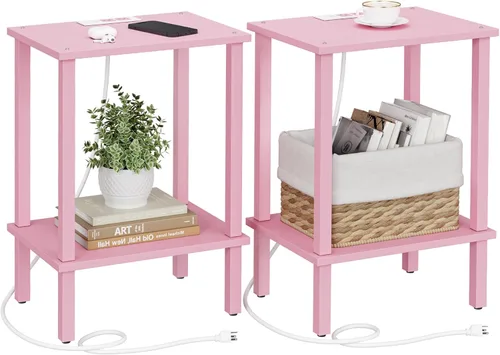 Miniatura 32 de TUTOTAK Mesa auxiliar con estación de carga, pequeña mesa auxiliar con tomas de corriente, mesita de noche, mesa de cabecera, estante de Gris beige