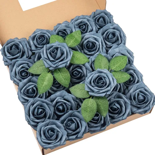 Miniatura 26 de DuHouse 25 rosas artificiales con tallos, flores de espuma de tacto real para bricolaje, ramo de boda, centro de mesa, arreglo floral, fiesta, Verde