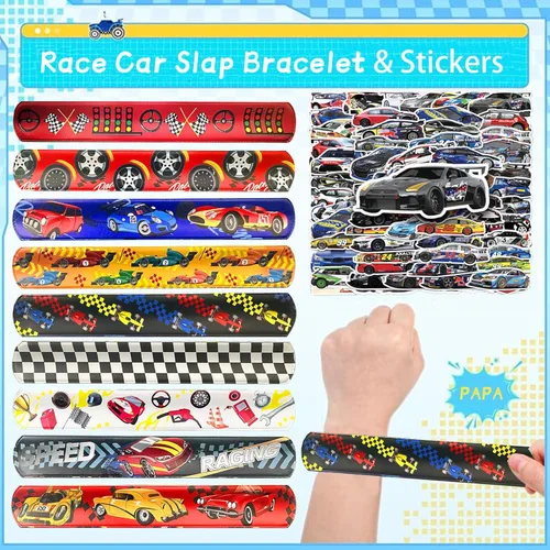 Miniatura 6 de CZWXOXO 74 piezas de artículos para fiesta temática de carreras, 24 piezas de pulseras slap, 50 piezas de calcomanías, decoraciones para fiesta
