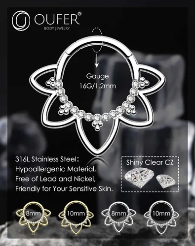 Miniatura 9 de OUFER Joyería para Piercing Daith, Aretes Daith de Acero Inoxidable 316L, Arete de Aro Daith con Diseño de CZ Transparente 16G, Joyería
