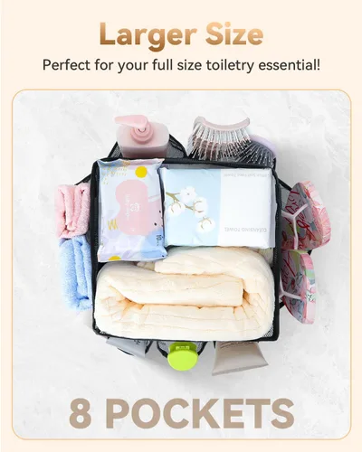Miniatura 3 de Temede Cesta de ducha de malla, cesta grande de ducha, portátil, bolsa de aseo colgante de secado rápido, organizador de baño con asa y 8 bolsillos