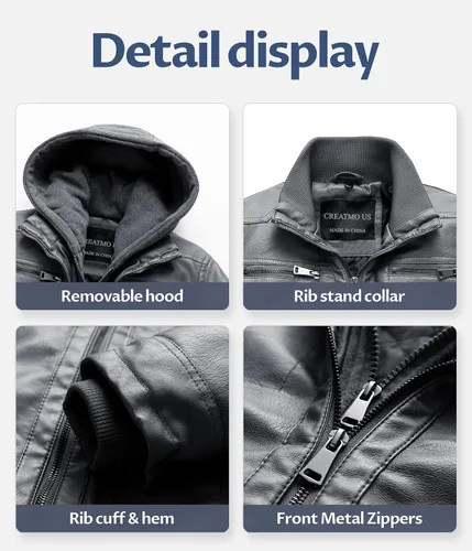Miniatura 5 de CREATMO US Chaqueta de piel sintética para hombre, impermeable, resistente al viento, PU con capucha extraíble