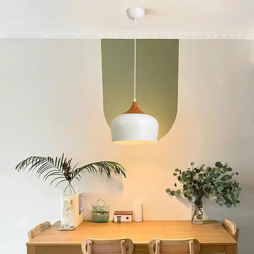 Miniatura 6 de SUNLLOK Lámpara colgante blanca moderna, con patrón de madera, cúpula minimalista hacia abajo, lámpara colgante de techo, lámpara industrial