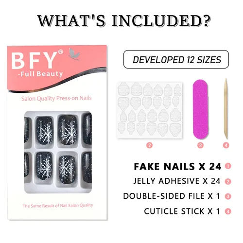 Miniatura 7 de Uñas postizas a presión con copos de nieve, uñas postizas cuadradas cortas de Navidad, uñas acrílicas negras con purpurina, kit de uñas postizas