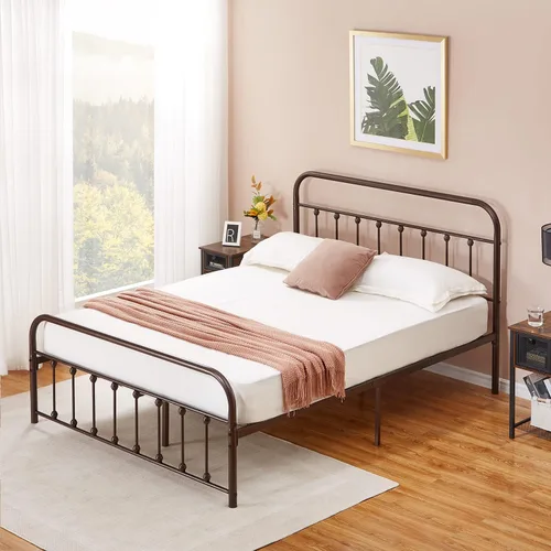 Miniatura 11 de VECELO Base de cama, plataforma de metal tamaño Queen con cabecero y estribo, base de colchón de soporte de listones de acero de alta calidad,