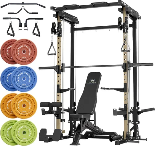 Miniatura 15 de MAJOR FITNESS Drone3 Smith Machine, 2500 libras todo en uno para gimnasio en casa con sistema de polea doble para cable cruzado, barras de dominadas