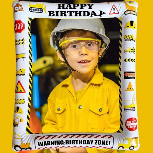 Miniatura 3 de 1 pieza de temática de construcción inflable para cabina de fotos selfie, camión volquete gigante, excavadora, grúa, zona excavadora, fiesta, marco