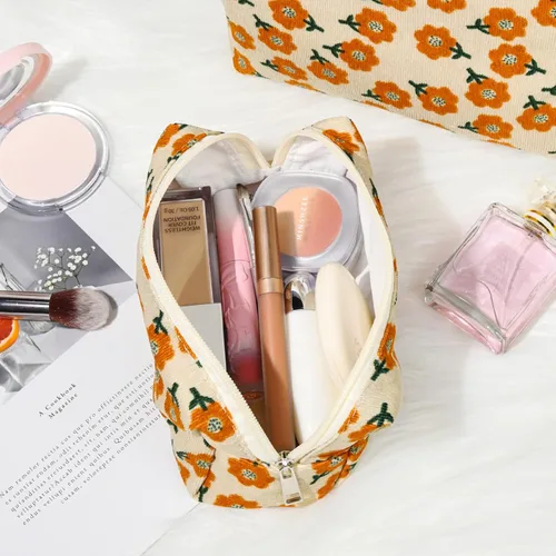Miniatura 6 de SOIDRAM 2 piezas de bolsa de maquillaje con flores, gran bolsa de cosméticos de corduroy de gran capacidad, bolsa de lona mixta, bolsa de viaje