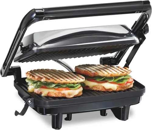 Hamilton Beach Parrilla eléctrica Panini Press con tapa de bloqueo, se abre 180 grados para cualquier grosor de sándwich (25460A) Rejillas Acabado