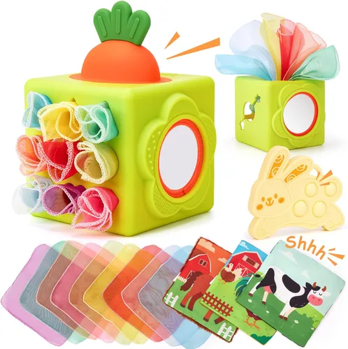 hahaland Caja de pañuelos de silicona para bebé, juguetes Montessori de 6 a 12 meses, juguetes Montessori para bebés de 6 meses, cubo de actividades