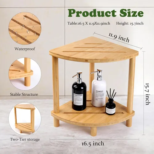 Miniatura 3 de Taburete de ducha esquinero de bambú mejorado para ducha interior impermeable, reposapiés de ducha de 2 niveles con estante de almacenamiento