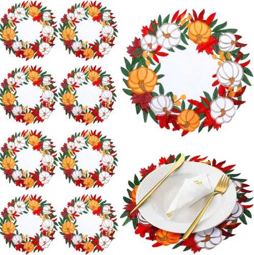 Tigeen Juego de 8 manteles individuales de Acción de Gracias, redondos, de 15 pulgadas, con diseño de calabaza, hojas de arce bordadas, para otoño,