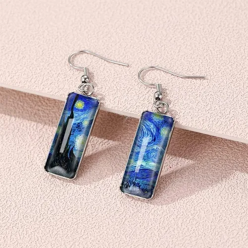 Miniatura 4 de Van Gogh - Aretes colgantes con diseño de girasol y cielo estrellado para mujer, aretes de arte abstracto
