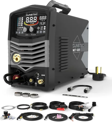 Sunstac Cortador de plasma 5 en 1 y soldador combinado, CUT/TIG/MIG/Flux MIG/MMA, cortador de plasma 50A, TIG y MIG de 200 A, soldador STICK de 180