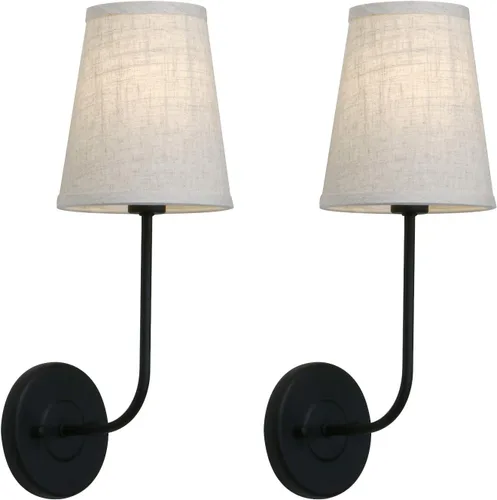 Pathson Juego de 2 apliques de pared vintage con pantalla de tela de lino, luces de tocador de baño cableadas con acabado negro oscuro, accesorio