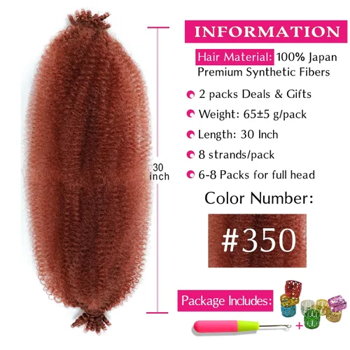 Miniatura 2 de Cabello Afro Twist de 30 Pulgadas 2 Paquetes, Cabello Afro Twist Elástico Pre Esponjado Cabello Spring Twist Pre Estirado Cabello para Envolver